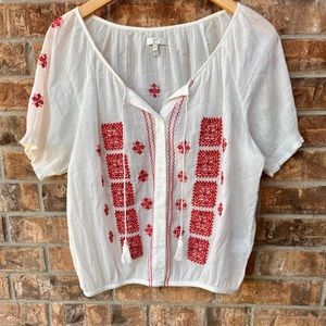 Boho peasant white blouse with red embroidery